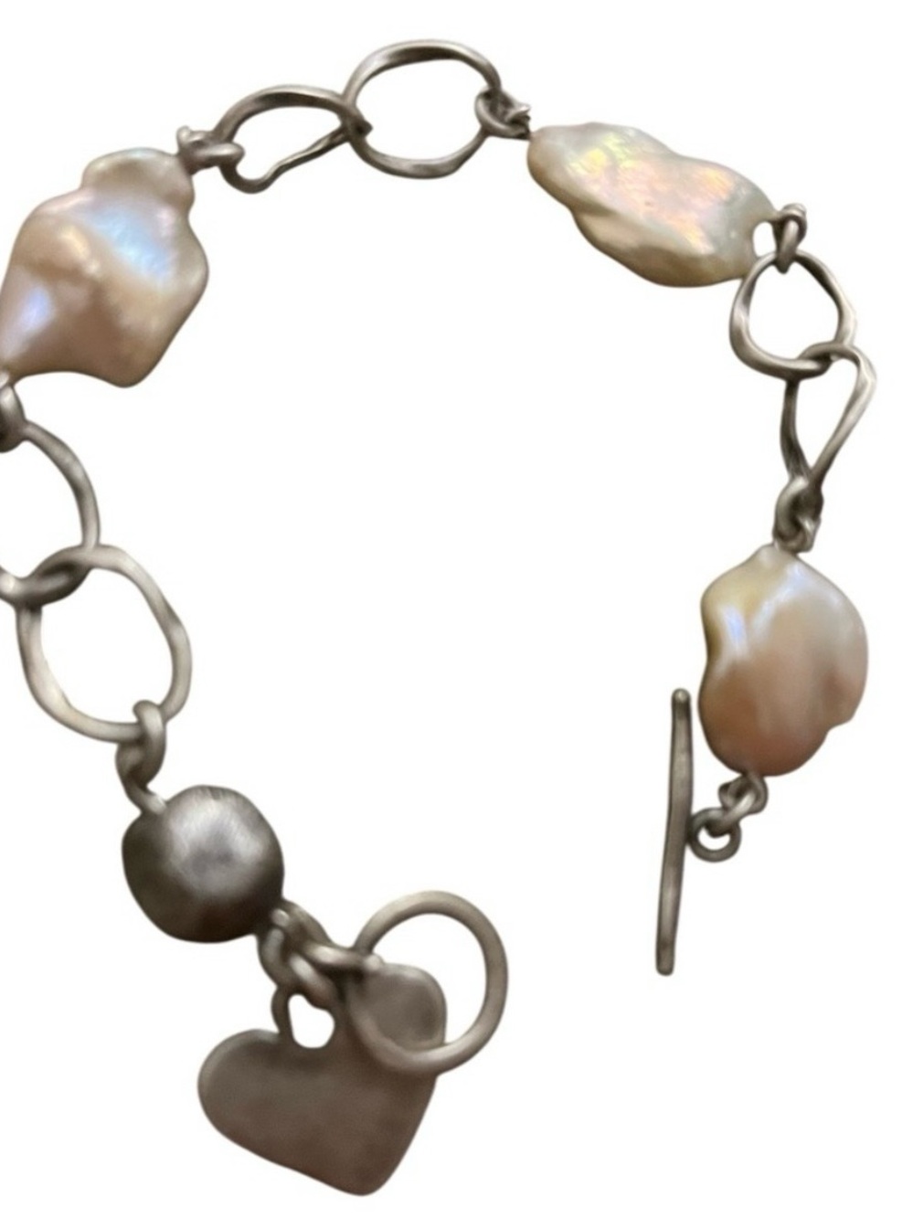 925 Sterling Silver Bracelet with White Baroque Pearls and Heart Charm